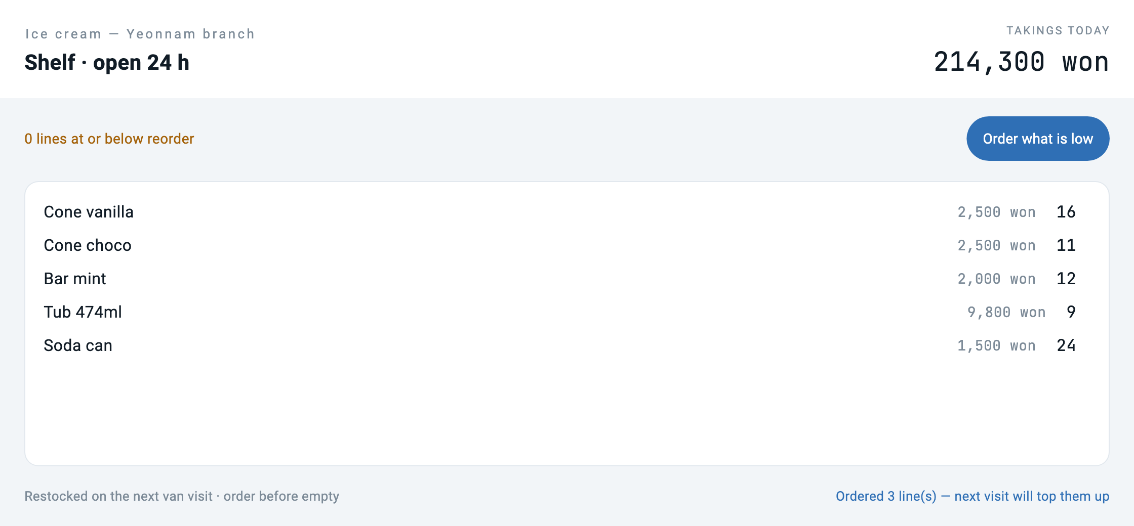 One line of JSON edited and the folder reopened: the shop name and wording change with no build, and the items stay as they were
