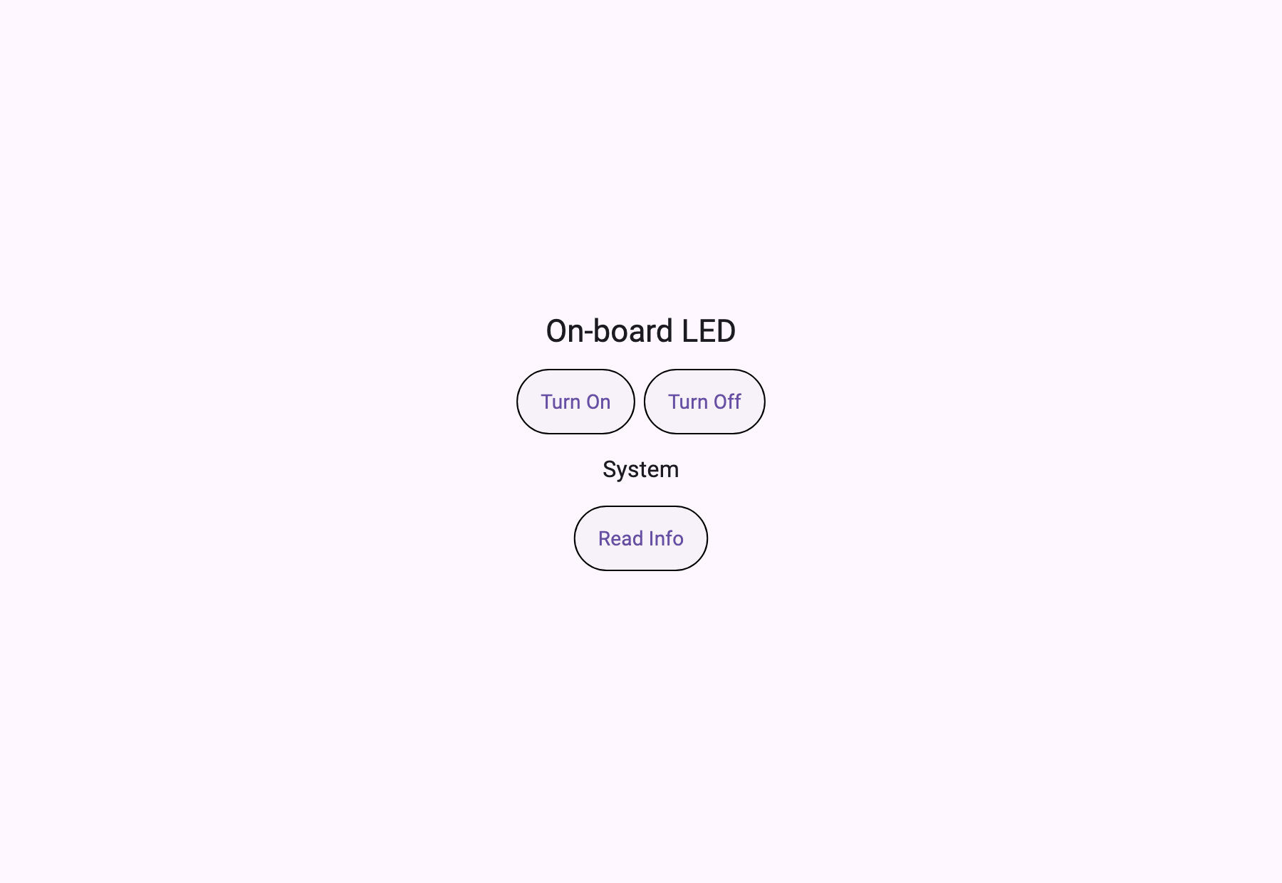 On-board LED — Turn On / Turn Off / Read Info. A real capture of the runtime rendering the definition the board gave