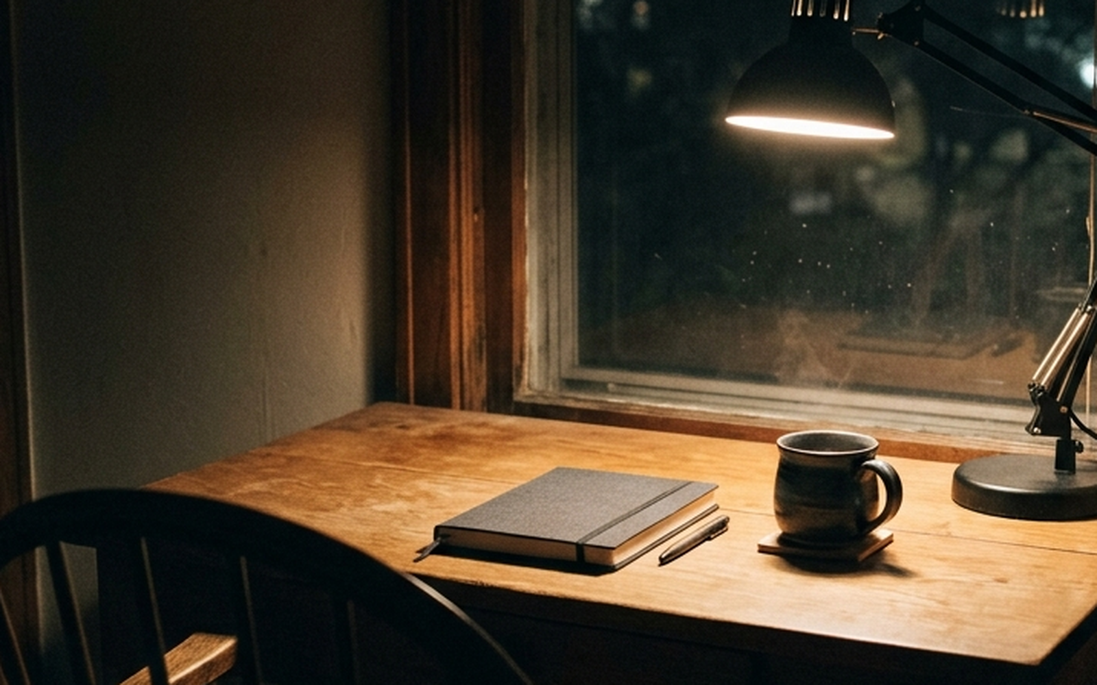 A desk at night, one lamp and a chair pushed back
