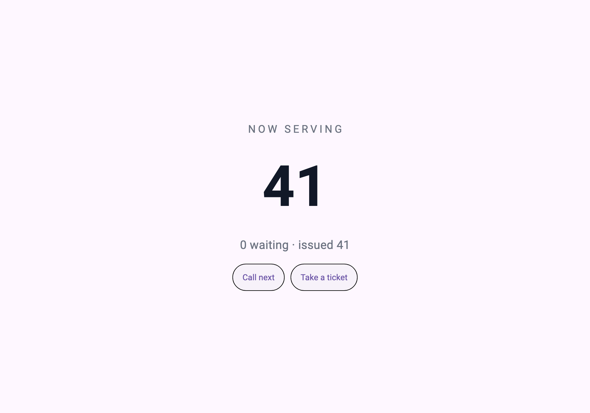 NOW SERVING 41 — 0 waiting · issued 41