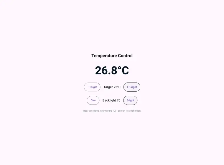A real render sequence starting at 22°C and climbing frame by frame 33 → 48 → 60 → 70°C. The number in each frame is the actual value the simulated firmware returned at that moment