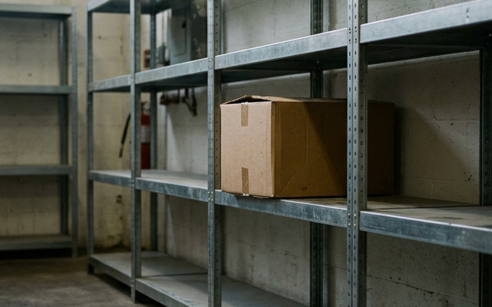 Steel shelving standing almost empty