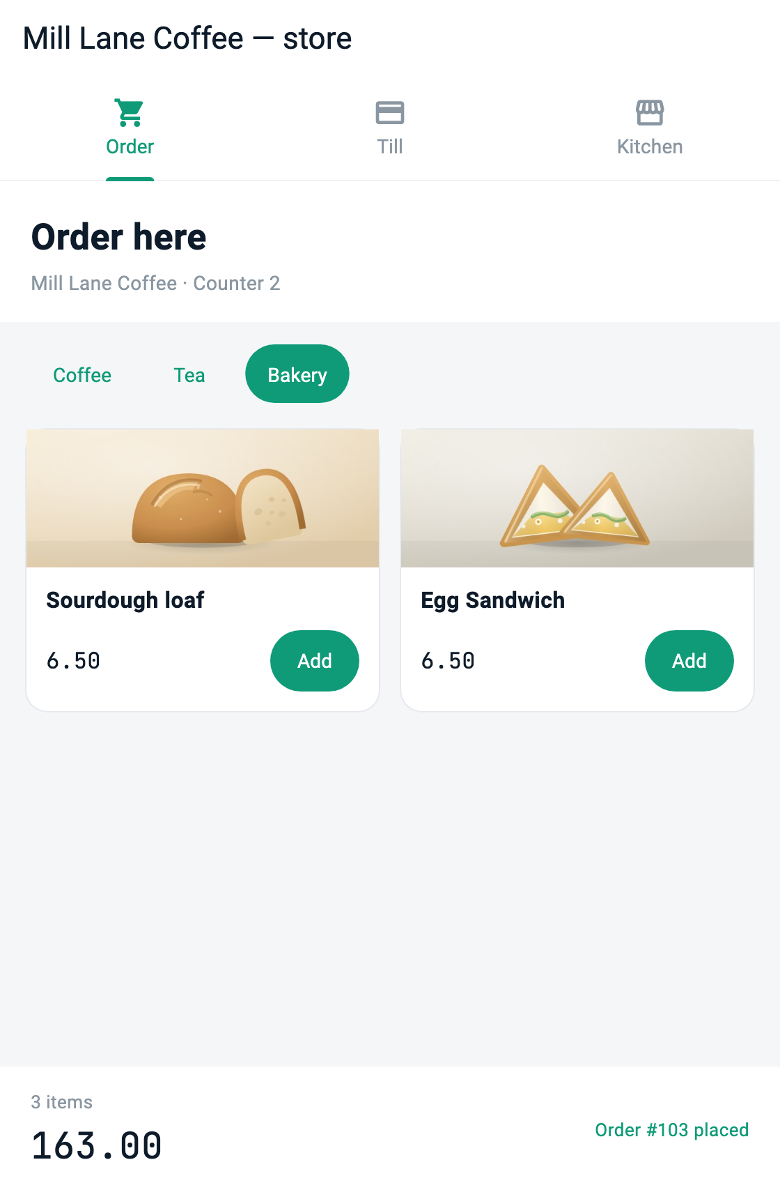 Self order kiosk — three items in the basket and the Bakery tab showing, 163.00 in total. Real render capture