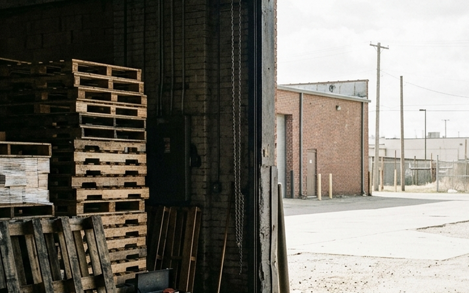 The yard outside, through an open bay door