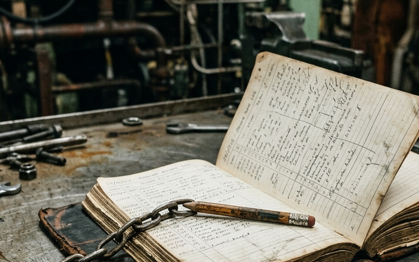 A worn logbook open on an engine room workbench
