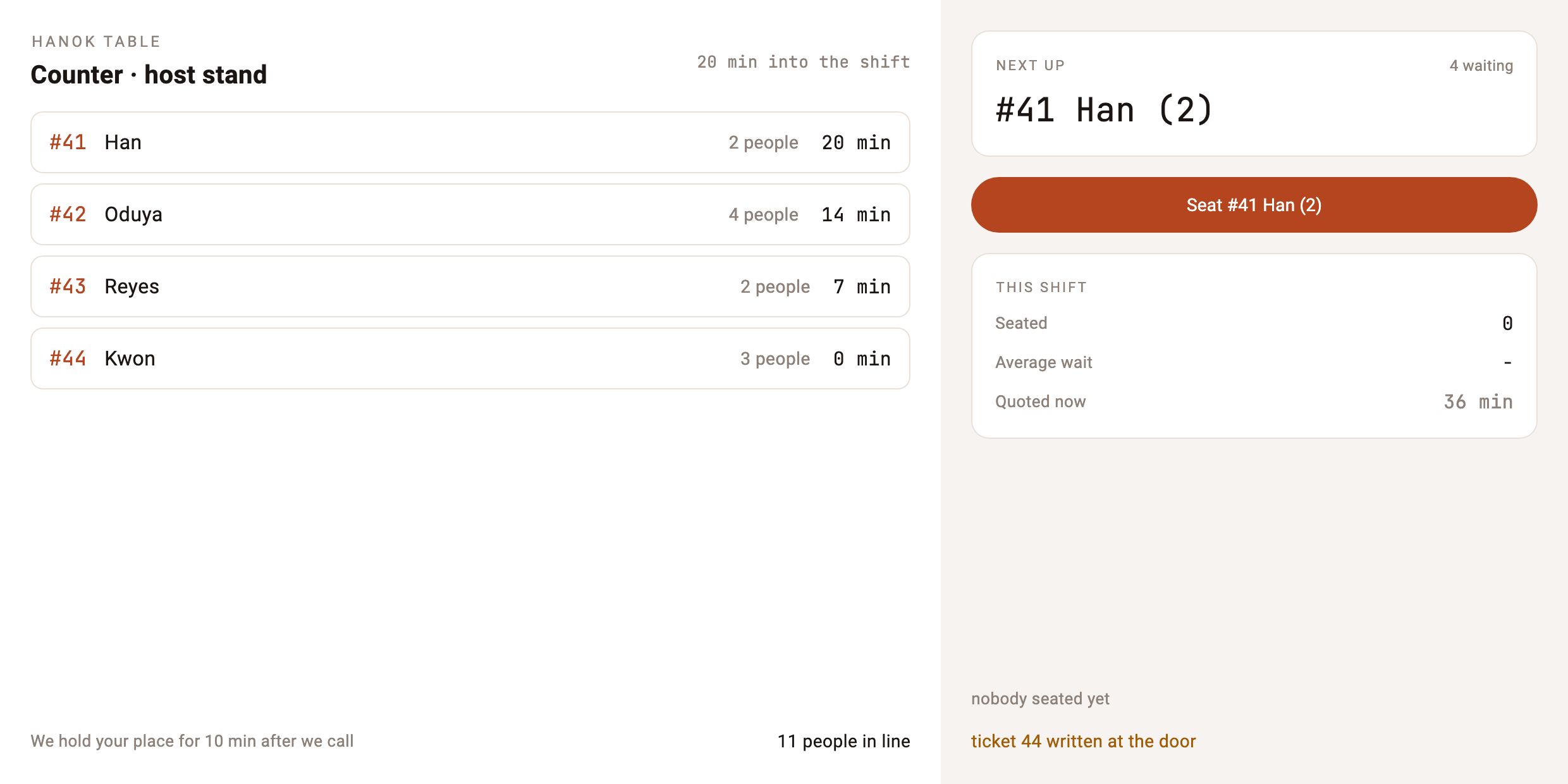 The counter screen — the same four parties with how long each has waited (20/14/7/0 min), NEXT UP `#41 Han (2)` on the right, and a button that carries that party