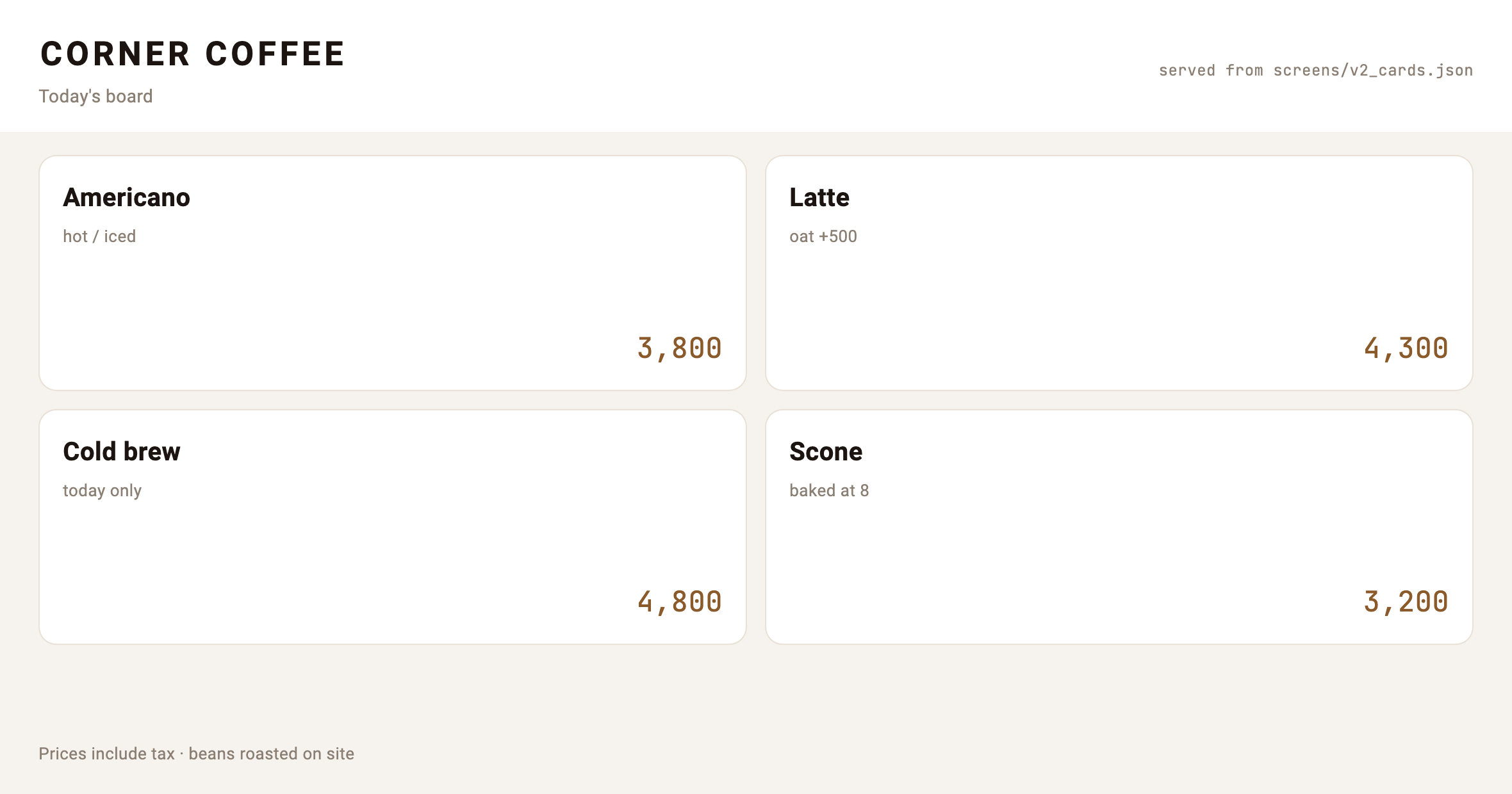 The same data, a different file — now a card board. The app did not change; only the file behind the route did: `served from screens/v2_cards.json`