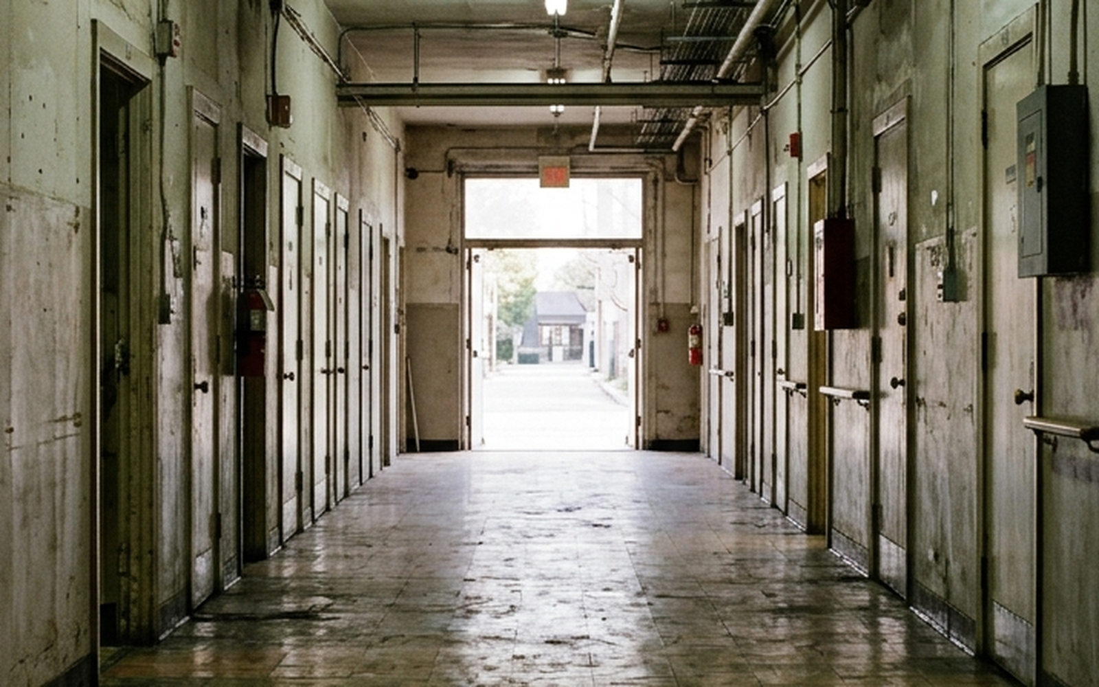 A long corridor lined with doors, light at the far end