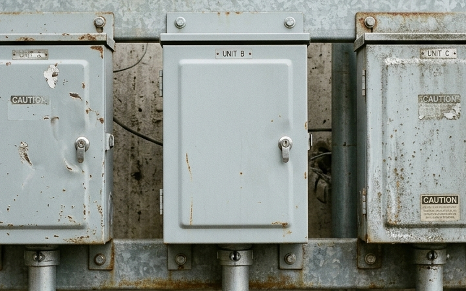 Three junction boxes side by side on a wall