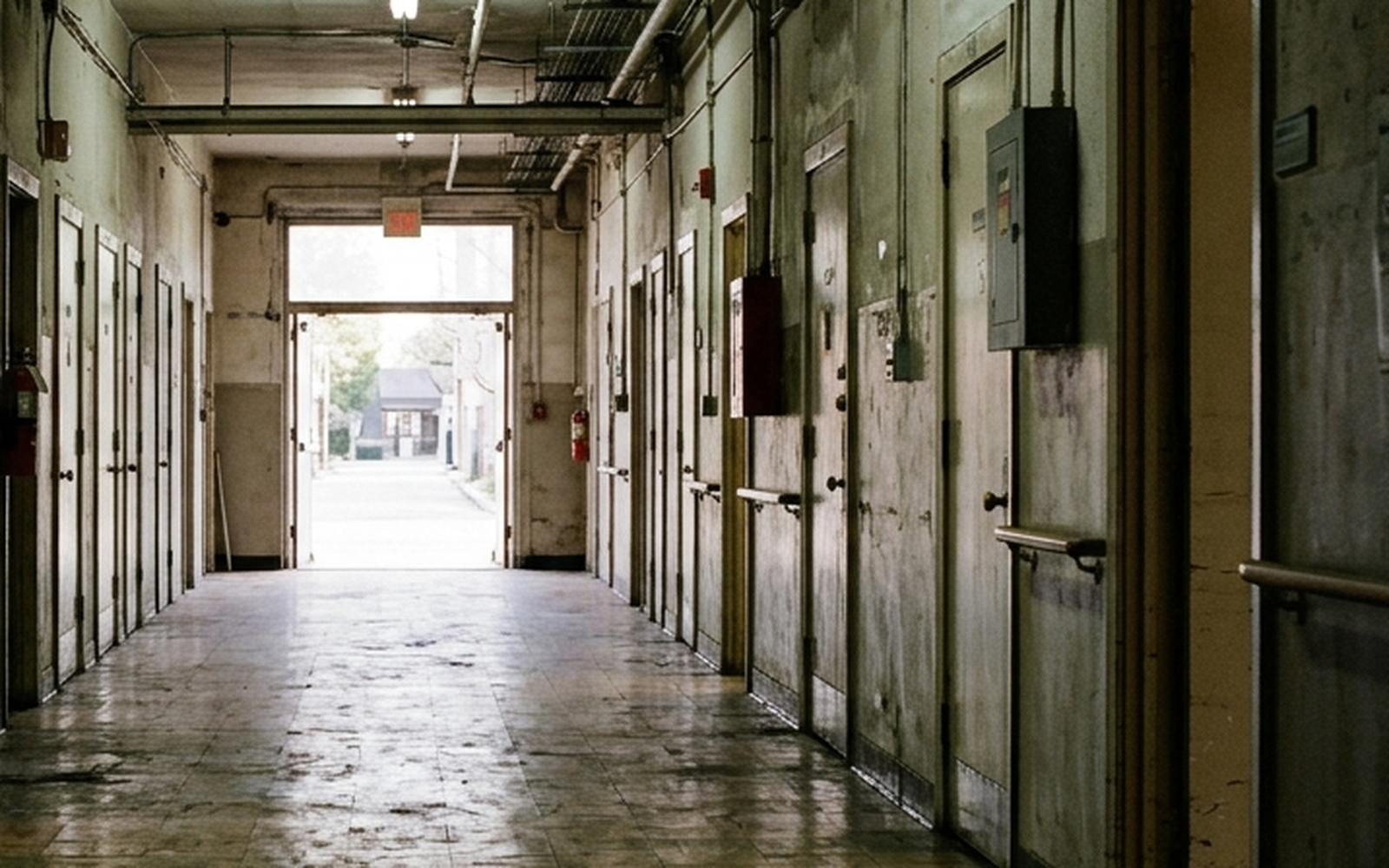 A long corridor lined with doors, light at the far end