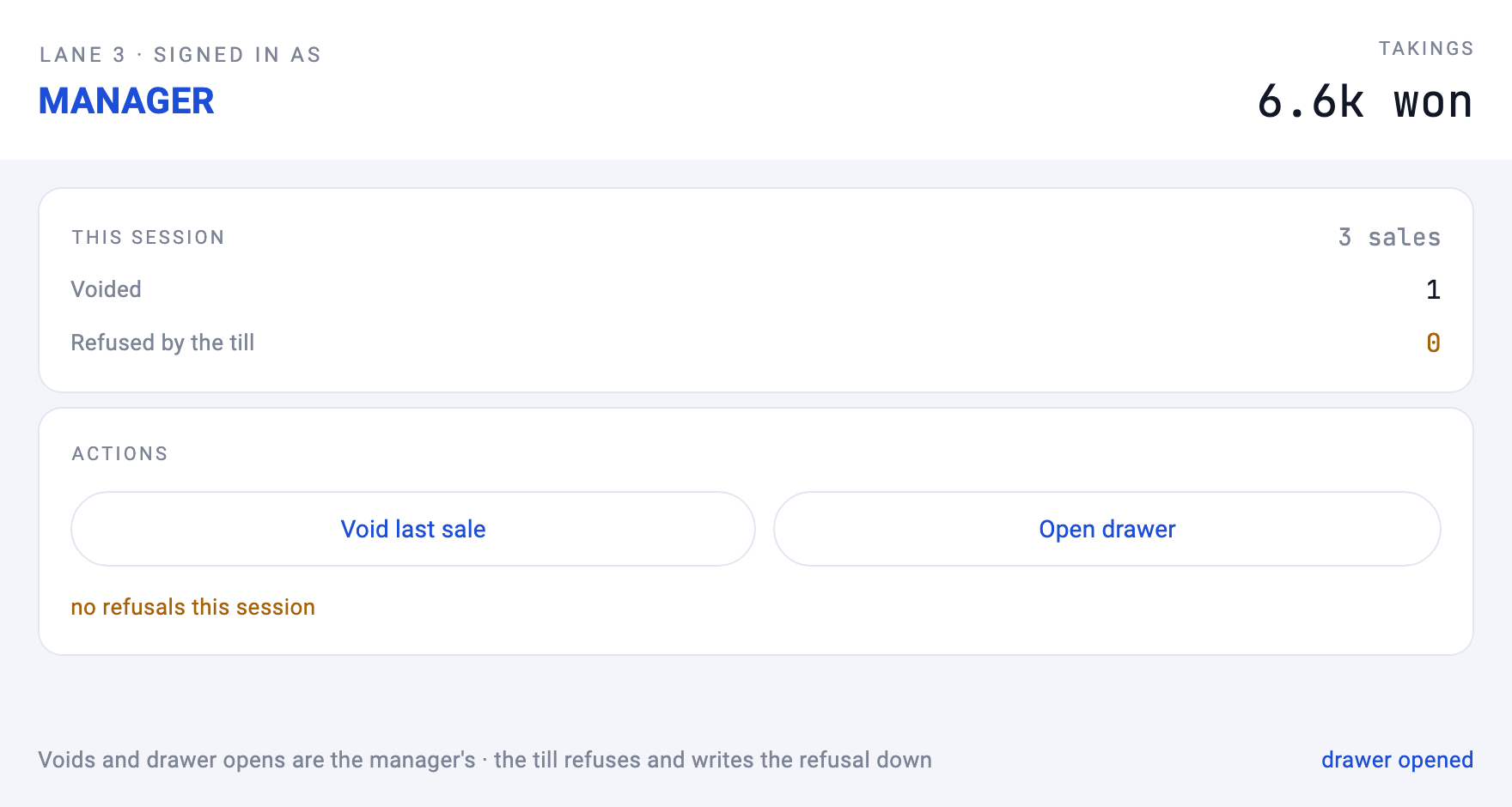 Signed in as MANAGER — the same screen and the same two taps. This time voided 1 · refused 0
